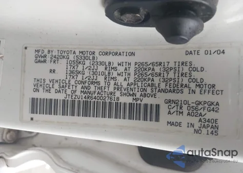 2004 Toyota 4Runner Sr5 V6 z USA, uszkodzony, nr VIN JTEZU14R640027618